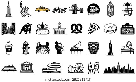 A collection of hand-drawn vector icons representing famous New York City landmarks and symbols.