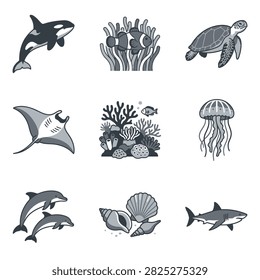 A collection of hand-drawn vector icons representing various ocean life forms and marine elements.