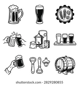 A collection of hand-drawn vector icons representing beer and brewing elements.