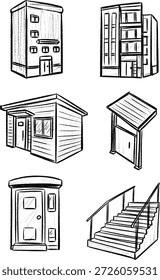 Uma coleção de ilustrações vetoriais desenhadas à mão representando várias estruturas de edifícios e elementos arquitetônicos como edifícios de vários andares, casas e escadas em um esboço encantador