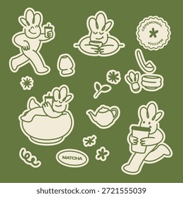 Uma coleção de ilustrações vetoriais desenhadas à mão com um personagem alegre apreciando e preparando chá verde matcha. Os adesivos incluem o personagem andando e correndo com uma xícara, relaxando em uma tigela de chá, e ilustrações de ferramentas de chá como um whisk, um bule de chá, uma colher e uma tigela. estilo de arte de linha minimalista usa um creme de terra e paleta de cor verde, tornando-o ideal para marca, embalagem, projetos digitais ou mercadorias relacionadas ao chá, bem-estar, cafés ou cultura japonesa.