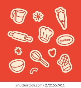 collection of hand-drawn vector illustrations featuring essential baking and cooking equipment. The stickers include kitchen items like a measuring cup, a rolling pin, a whisk, a mixing bowl, a piping bag simple line art doodle style uses a high-contrast red and cream color palette, making it perfect for branding, packaging, digital designs, or merchandise related to bakeries, cooking, food blogs, or home economics.