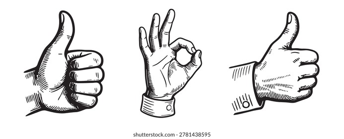 A collection of hand-drawn vector illustrations featuring thumbs-up and OK gestures in a classic vintage engraving or woodcut style, perfect for retro-themed designs and positive communication.