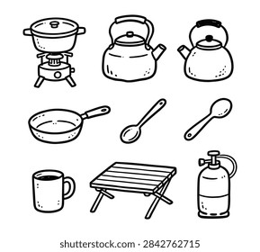 A collection of hand-drawn vector illustrations featuring essential camping cookware, including kettles, pans, spoons, mugs, a portable table, and a fuel stove.