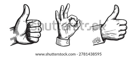 A collection of hand-drawn vector illustrations featuring thumbs-up and OK gestures in a classic vintage engraving or woodcut style, perfect for retro-themed designs and positive communication.