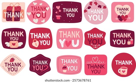  A collection of hand-drawn vector illustrations of thank you stickers in various shapes, featuring hearts, gifts, flowers, and other cute elements. Perfect for greeting cards, social media