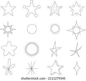 Collection of hand-drawn vector line art illustrations of stars, cartoon, doodle, and graphic style