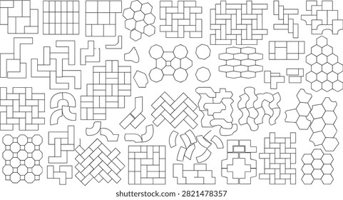 A collection of hand-drawn vector outlines featuring various paving stones, tiles, and geometric patterns suitable for architectural site plans, landscape design, and urban planning. Ideal for designers looking for clean line art elements for floor layouts.