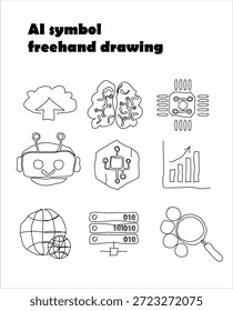 Eine Sammlung handgezeichneter Symbole im Vektorformat, die künstliche Intelligenz (KI) und Technologie darstellen. Mit Symbolen wie digitalem Gehirn, Roboterkopf, Cloud Computing, Chip, Datenserver und Analysediagramm im einfachen Schwarz-Weiß-Doodle-Stil.