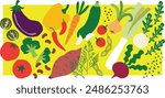 Collection of hand-drawn vector vegetables: aubergines, tomatoes, bell peppers, zucchini, onions, sweet potato, rocket, and leek