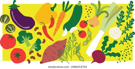 Collection of hand-drawn vector vegetables: aubergines, tomatoes, bell peppers, zucchini, onions, sweet potato, rocket, and leek