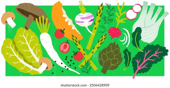 Collection of hand-drawn vector vegetables: lettuce, cherry tomatoes, portobello mushrooms, squash, asparagus, artichoke, fennel, radish...