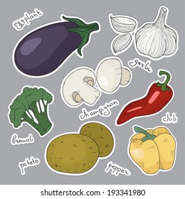 Collection of hand-drawn vegetables, isolated on gray background, vector illustration