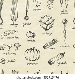 Collection of hand-drawn vegetables. on the blackboard. Seamless background. Vector illustration.