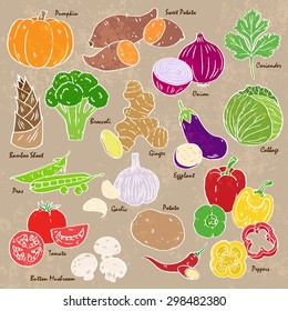Collection of hand-drawn vegetables and spices.
