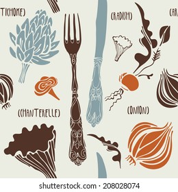 Collection of hand-drawn vegetables, vector seamless illustration in vintage style.