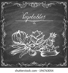 Collection of hand-drawn vegetables.Retro vintage style food design. Vector illustration.