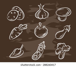 Collection of hand-drawn vegetables.Retro vintage style food design. Vector illustration.