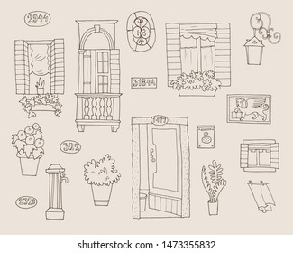 Collection of hand-drawn venetian architectural elements - windows, door, street lamp, houses numbers, etc.