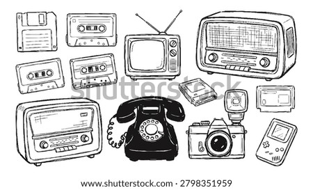 Collection of hand-drawn vintage electronic devices including retro radios, cassette tapes, rotary phone, camera, and game console on white background.