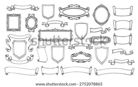 Collection of hand-drawn vintage frames, heraldic shield and ribbon banners. Isolated ink sketches. Vintage engraving illustration.