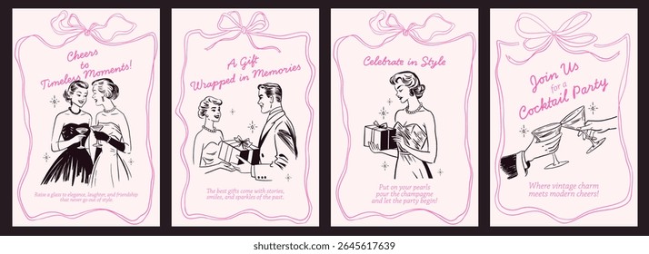 Collection of hand-drawn vintage greeting cards featuring gifts, toasts, and celebration quotes with bows and classic charm.