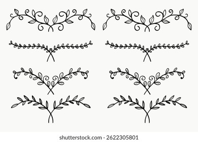 A collection of hand-drawn vintage leaf dividers with elegant swirls and curves, perfect for borders, decorative elements, and nature-themed designs.