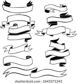 Collection of hand-drawn vintage ribbon banners in black and white. Includes a variety of scrolls, curved ribbons, and folded banner designs in different styles. Ideal for retro labels, logos, posters