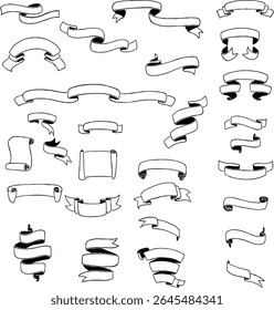 Collection of hand-drawn vintage ribbon banners in black and white. Includes a variety of scrolls, curved ribbons, and folded banner designs in different styles. Ideal for retro labels, logos, posters