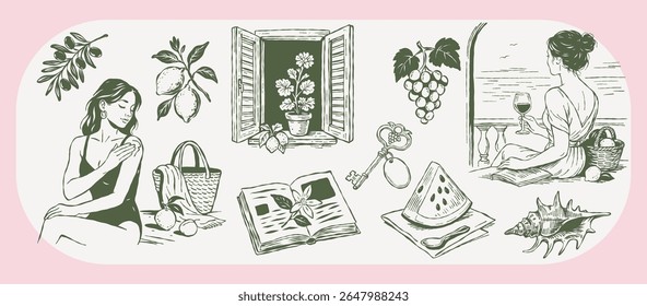 Collection of hand-drawn vintage summer elements: wine, lemons, shell, window, book, key, watermelon, picnic basket, flowers, grapes, sea view. Mediterranean vacation theme illustration set