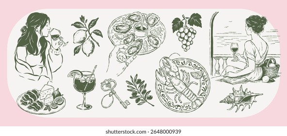 Coleção de ilustrações de verão vintage desenhadas à mão com mulheres, ostras, lagosta, limões, vinho, queijo, azeitonas, chave, mar e varanda. Comida mediterrânea e tema de férias costeiras.