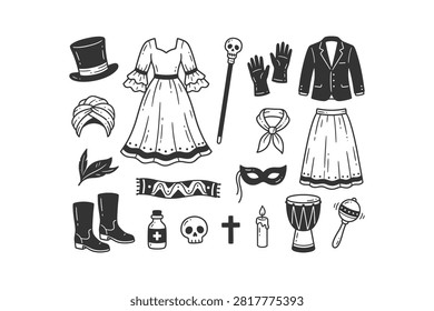 A collection of hand-drawn Voodoo and New Orleans cultural elements, including costumes, ritual objects, and musical instruments in doodle style