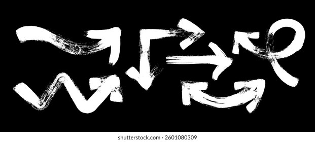 Collection of hand-drawn white brushstroke arrows on a black background a grunge and abstract style. Ideal for design elements, direction indicators, and creative illustrations.Vector illustration