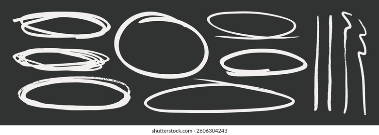 Collection of hand-drawn white circles and lines on a dark background. Various circular and linear shapes, sketched circles and lines, artistic design elements. Hand drawn illustrations, vector set.