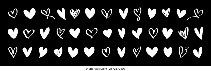 A collection of hand-drawn white heart icons on a black background. Various heart shapes, heart designs, and heart patterns in a simple, artistic style. Valentine's element vector set.