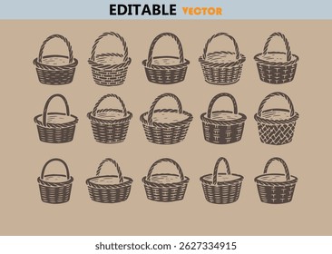 Coleção de cestas de vime desenhadas à mão, várias formas.