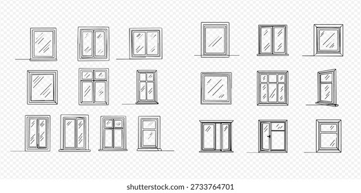 A collection of hand-drawn window frames in various styles, showcasing different architectural designs and perspectives.