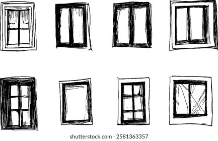 A collection of hand-drawn window illustrations in various styles. Each window features different designs, including curtains, grids, and frames, showcasing artistic variations.