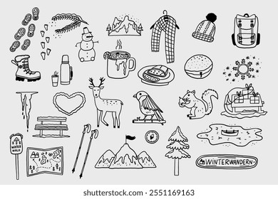 Collection of hand-drawn winter elements for outdoor adventure themes. Vector hand drawn illustration in freehand style