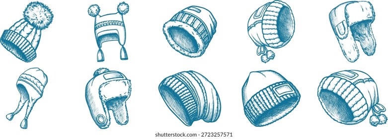 Colección de sombreros de invierno dibujados a mano sombrero del trampero del gorro