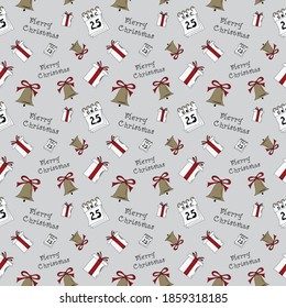 Collection of hand-drawn winter holidays seamless patterns with lettering, Christmas date, bells, snowflakes, gift boxes, Snowman. Vector Illustration. Eps 10.