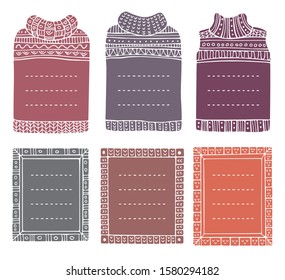 Collection of hand-drawn winter knitted frames in the shapes of jumpers and rectangular. Doodle borders for bullet journal, notebook, diary, and invitations. Christmas elements isolated on a white.