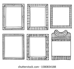 Collection of hand-drawn winter knitted frames. Set of doodle black borders for bullet journal, notebook, diary, and invitations. Christmas elements isolated on a white background.