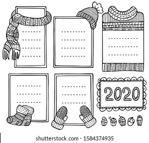 Collection of hand-drawn winter knitted frames. Set of doodle borders for bullet journal, notebook, diary, and invitations. Christmas elements isolated on a white background.