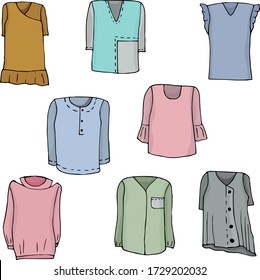 A collection of hand-drawn women's blouses, sweaters, skirts, tunics, sweatshirts, t-shirts and shirts in pastel colors. Set of different models of women's summer clothes