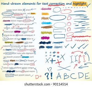 Collection of hand-drawn,text correction and highlighting elements