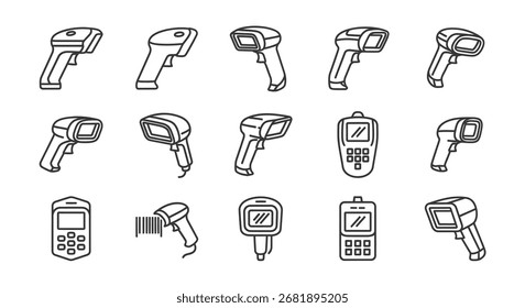 Collection of handheld barcode scanners in a sketchy outline style for retail and logistics vector