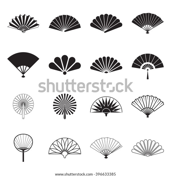 Collection\
of handheld fan icons isolated on a white background. Icons of\
folding and rigid fans. Vector illustration.\
