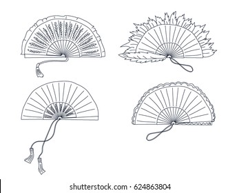 Collection of handheld fan  isolated on a white background.  Vector illustration. 