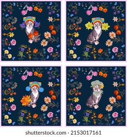 
Collection of handkerchiefs, napkins, pillowcases with fashionable pussycats surrounded by flowers on a dark blue background. Symbols of the Chinese year of the cat in vector.